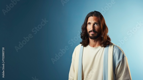 Jesus solid colour background 4k , looking to camera, copy space - generative ai