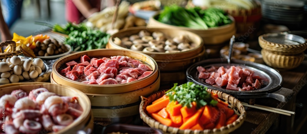 Ingredients for steam boat hot pot in Asian halal buffet menu include a variety of cold and mixed raw meats, seafood, vegetables, mushrooms, satay, beancurd, and hot dogs on a stick in a basket.