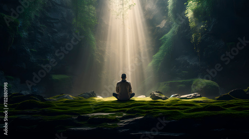 a person praying, a person asking god for something, while a ray of sunlight illuminates it.