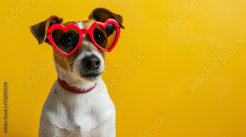 Cute dog celebrating Valentine's Day with heart shaped valentine sunglasses Isolated on a Yellow Background, copy space for text photo