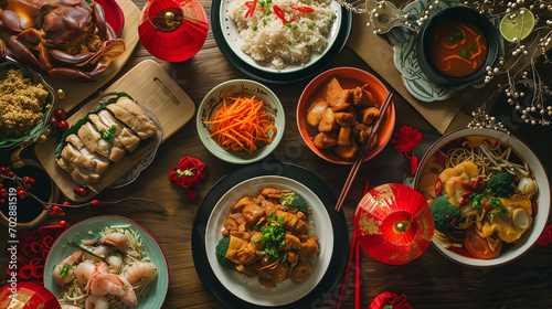 Top view of delicious chinese food meal on red table background for celebration Chinese New Year photo