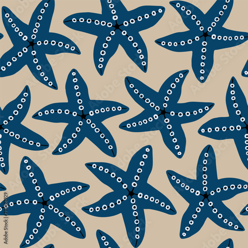 Sea star seamless pattern in blue and brown. Starfish repeat pattern. Summer, beach, travel, vacation abstract background.