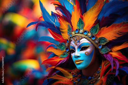 Colorful carnival mask with feathers on a blurred background, close-up, AI Generated