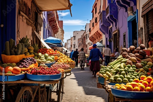 Fruits and vegetables for sale in the medina of Chefchaouen, Morocco, AI Generated