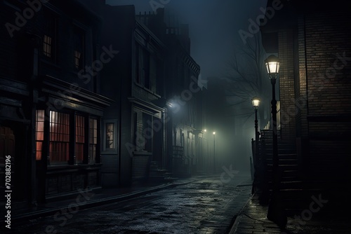 Old town street at night with fog and moonlight in the background, AI Generated