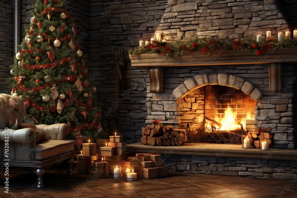3d render of a fireplace in the living room decorated for Christmas, AI Generated 3d render of a fireplace in the living room decorated for Christmas, AI Generated