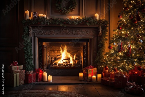 Beautiful Christmas living room with fireplace, Christmas tree and presents, AI Generated
