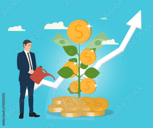 Businessman is watering the money tree to make the tree grow. Vector illustration, financial growth concept, finance or investment.