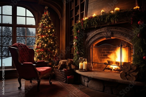 Christmas interior with fireplace  Christmas tree and gifts. 3D rendering  AI Generated