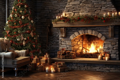 3d render of a fireplace in the living room decorated for Christmas, AI Generated
