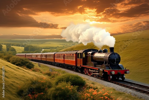 Vintage steam train in the mountains at sunset. 3d rendering, AI Generated