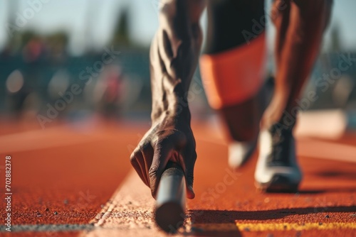 Close-up of a sprinter's hand on the baton during a relay race, emphasizing the grip and speed photo