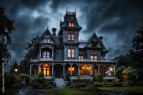 Halloween night scene with haunted old house. Horror Halloween concept, AI Generated photo