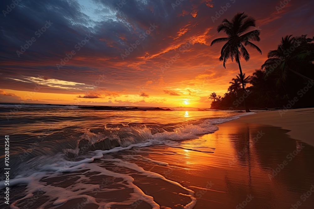 Tropical beach with palm trees at beautiful sunset, Sri Lanka, AI Generated