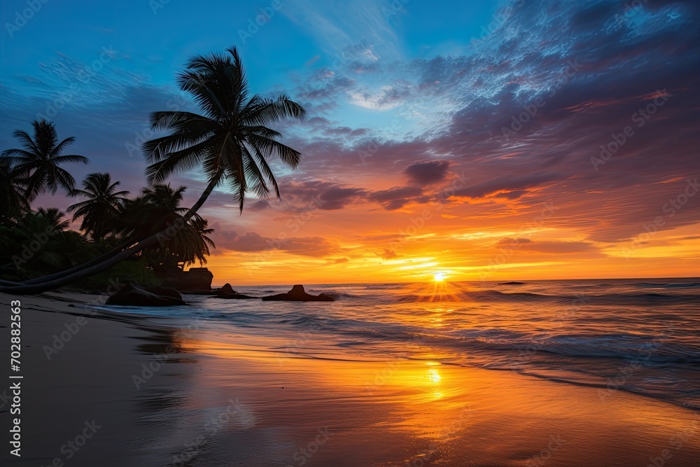Tropical sunset on the beach with palm trees and sand, AI Generated Tropical sunset on the beach with palm trees and sand, AI Generated