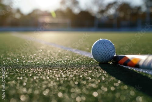 Detailed view of a field hockey stick and ball on turf, focusing on the stick's curve and ball's dimples photo