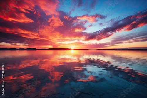 beautiful sunset on the lake with reflection of clouds in the water  AI Generated
