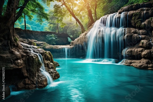 Beautiful waterfall in deep forest of Erawan waterfall National Park  Kanchanaburi  Thailand  AI Generated