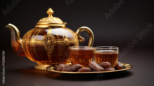 Golden arabic tea pot with dates