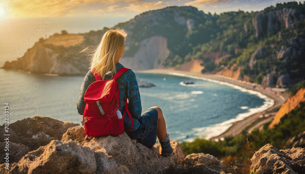 A girl with a backpack sitting on the rocks on the hill. Watching the choppy sea and the bay. Travel concept