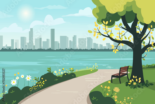 City park on the lake with views of skyscrapers. Landscape of the park. bench under a tree on a beautiful embankment among flowers and green grass with bushes. Summer holiday in the city.