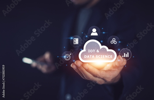 Fototapeta Naklejka Na Ścianę i Meble -  Businessman and cloud computing data science IOT technology of AI Artificial Intelligence innovation network global on internet.
