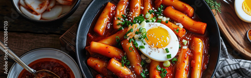 topokki or tteokbokki with boiled egg on a white plate. flat lay angle. perfect for recipe, article, catalogue, commercial, or any cooking contents. photo