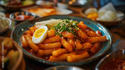 topokki or tteokbokki with boiled egg on a white plate. flat lay angle. perfect for recipe, article, catalogue, commercial, or any cooking contents. photo