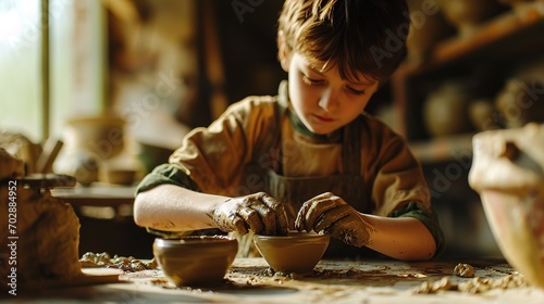 Generative AI, kid hands with clay making of a ceramic pot in the pottery workshop studio, hobby and leisure concept 