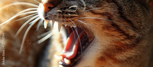 Gums and teeth in cats with tartar buildup and recession. photo