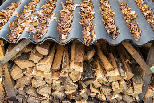 Brennholz gelagert und überdacht im Garten