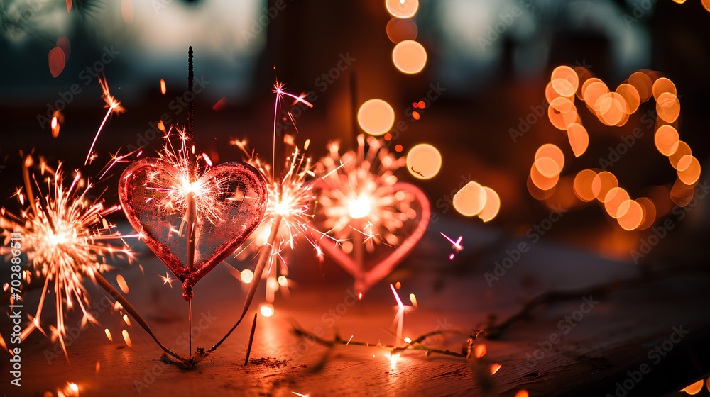 Heart-shaped pink sparklers in a Valentine's Day setting, with soft ambient lighting and a subtle glow,