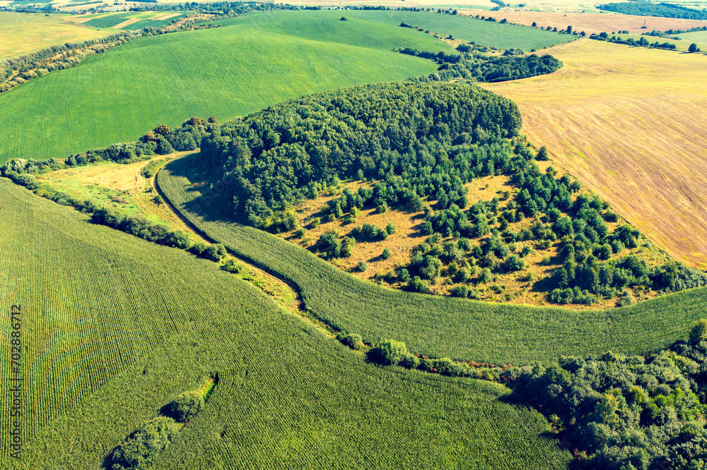 Obraz premium View from above of countryside. View of agriculture fields with groves in summer
