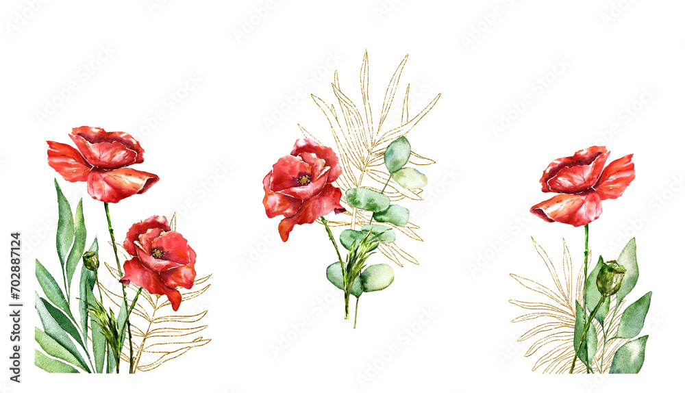 poppies watercolot spting red flowers floral set wedding design mother's day 14th february