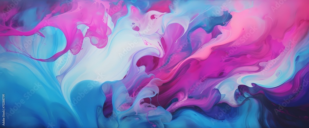 Bursting waves of vibrant magenta and cyan blending in a symphony of fluid motion against a backdrop of abstract colors.