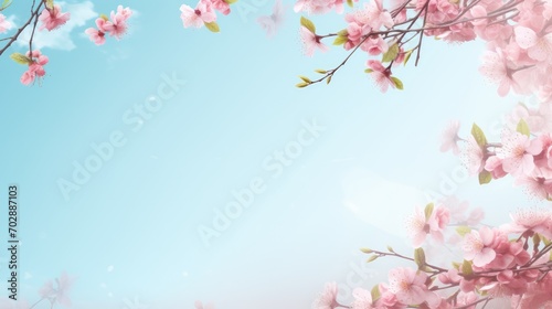 Blooming branches of a cherry tree with flowers on a blue blurred background with space for text