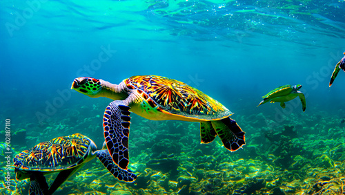 Beautiful turtles swimming in the sea