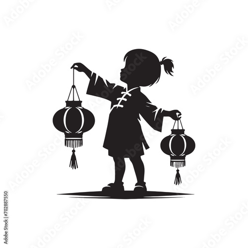 Sparkling Lantern Reverie - Chinese New Year Children Silhouette Lost in Festive Dreams, an Enchanting Chinese New Year Silhouette
