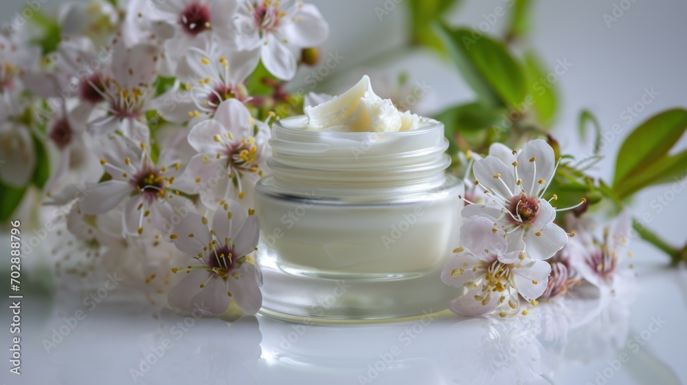 whitening and moisturizing Face cream in an open glass jar and flowers on white background. Set for spa, skin care and body products and solutions for skin problems such as scars, acne, wrinkles. whitening and moisturizing Face cream in an open glass jar and flowers on white background. Set for spa, skin care and body products and solutions for skin problems such as scars, acne, wrinkles.