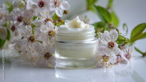 whitening and moisturizing Face cream in an open glass jar and flowers on white background. Set for spa, skin care and body products and solutions for skin problems such as scars, acne, wrinkles.