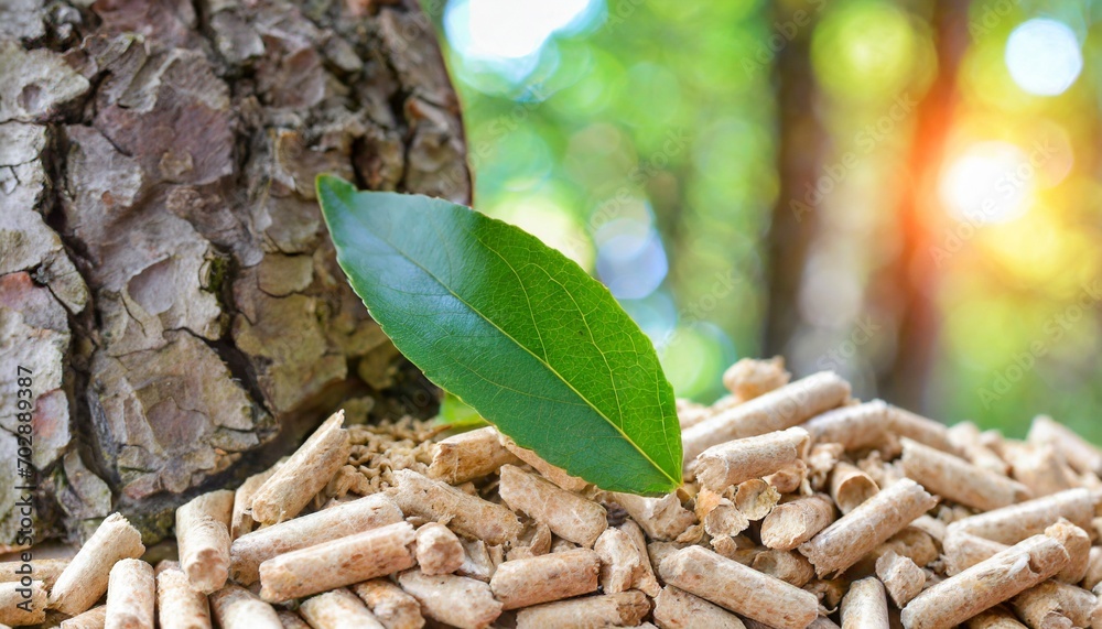 wood pellets with leaf and tree trunks - obrazy, fototapety, plakaty 