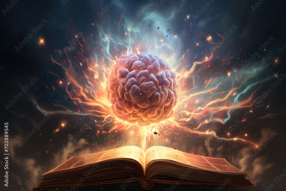 Brain coming out of an open book, conceptual image. 3D rendering, Concept art of a human brain exploding with knowledge and creativity, AI Generated - obrazy, fototapety, plakaty 