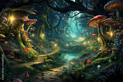 Fantasy landscape with magic forest and mushrooms. 3D illustration, AI Generated