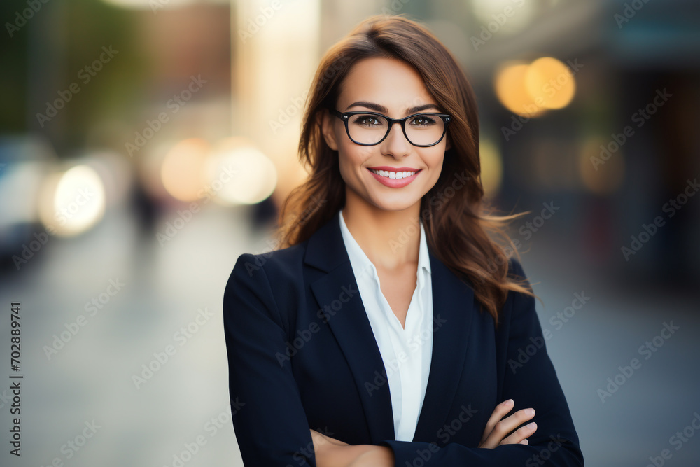 Young pretty smiling professional businesswoman standing up outdoors on the street.  Positive confident young female entrepreneur. Wearing glasses. Generative AI. - obrazy, fototapety, plakaty 