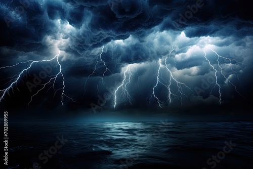 Stormy sky with lightning and water surface, 3d render illustration, AI Generated photo