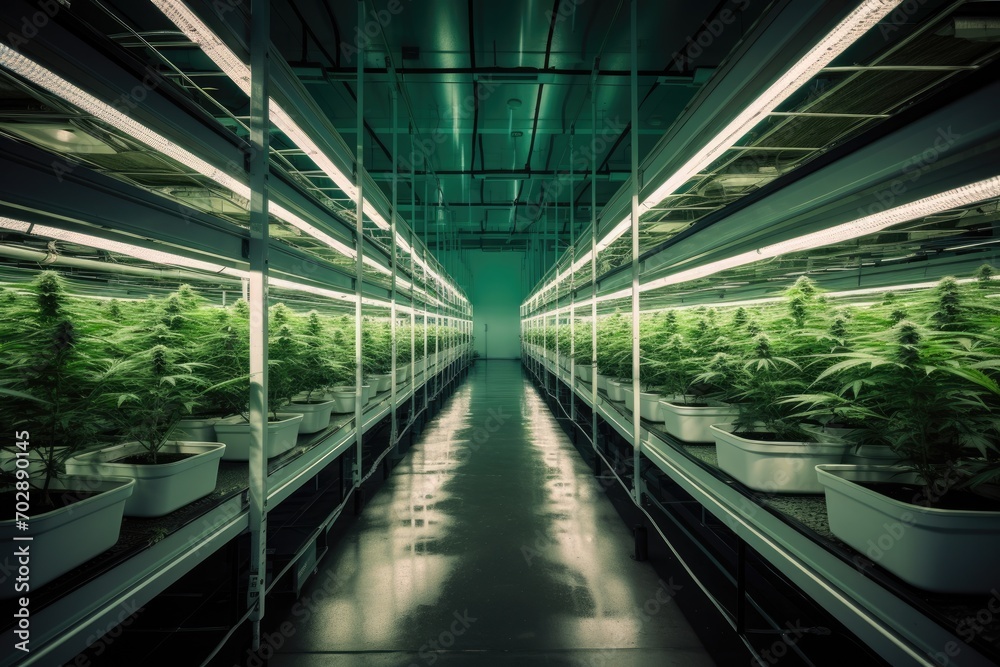 Interior of a modern greenhouse with rows of plants and neon lights, AI Generated Interior of a modern greenhouse with rows of plants and neon lights, AI Generated