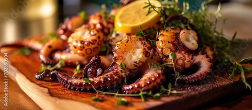 Herb-infused octopus, served on a board.