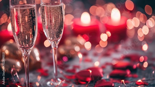 Modern Valentine Atmosphere Heart Confetti and Champagne for a Festive Celebration