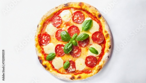 pizza fresh italian margherita with salami basil and tomato isolated on white background top view