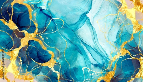 abstract fluid art painting with alcohol ink deep blue liquid design illustration with golden veins wallpaper background luxury interior wall decoration